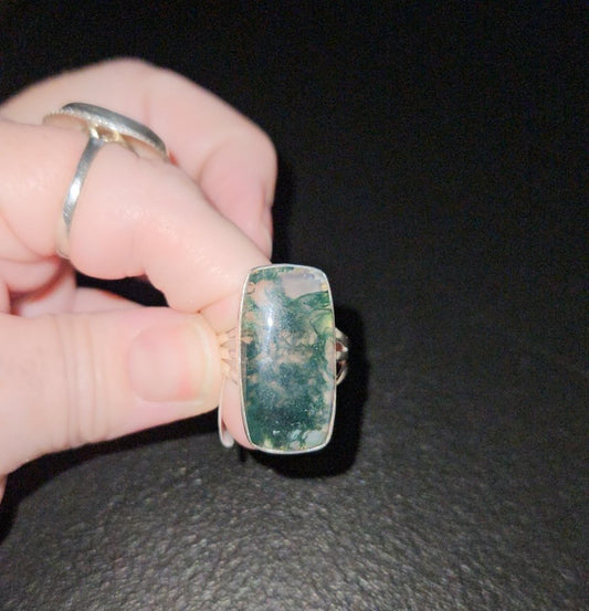 Sterling Silver Rings - Moss Agate, Size 9